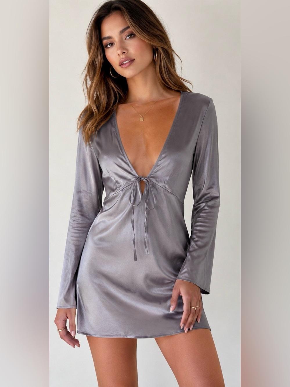 Zara Satin Silver Mini Dress Deep V Tie Front Long Sleeve Slip Dress XS